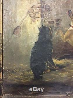 Painting Old Oil On Canvas Animals Dogs Cats Nineteenth