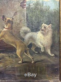 Painting Old Oil On Canvas Animals Dogs Cats Nineteenth