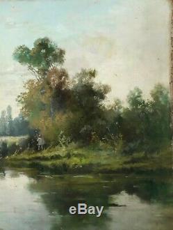 Painting Old Oil On Canvas Landscape Lacustrine Nineteenth Animated 19th (signed)