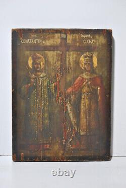 Painting Painting Ancient 19 Century Icon Wood Saint Constantine Saint Helena