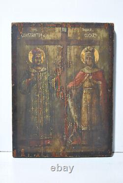 Painting Painting Ancient 19 Century Icon Wood Saint Constantine Saint Helena