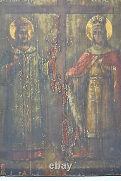 Painting Painting Ancient 19 Century Icon Wood Saint Constantine Saint Helena