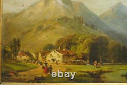 Painting Painting Ancient 19 Century Landscape Country Mountain Village Character