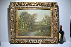 Painting Painting Old Taste Barbizon Landscape Country Side River Rollet 1
