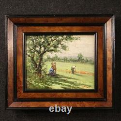 Painting Signed Landscape With Characters Old Style Oil On Tablet