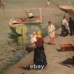 Painting Signed Marine Landscape Painting Characters Style Old Oil On Canvas