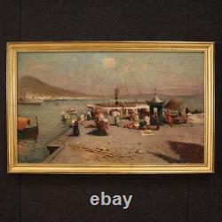 Painting Signed Marine Landscape Painting Characters Style Old Oil On Canvas