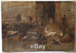 Painting Table Old Oil On Canvas Xix, Lower Short, Hens, Animals