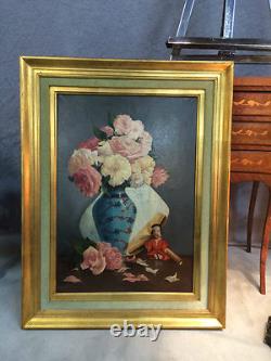 Painting / oil on canvas antique 1988 signed (E. TINEL) framed still life