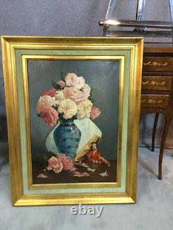 Painting / oil on canvas antique 1988 signed (E. TINEL) framed still life