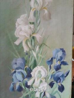 Pair Large Paintings Old Oil Painting On Canvas Still Life Irises