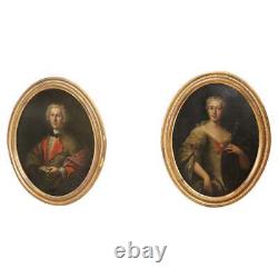 Pair Of Large Old Oval Paintings Portrait Of Husband XVIII Oil On Canvas