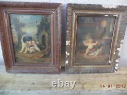 Pair of Antique 19th Century Paintings: Child with Dog and Child with Cat