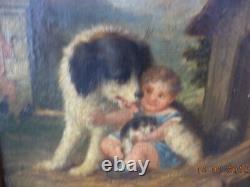 Pair of Antique 19th Century Paintings: Child with Dog and Child with Cat