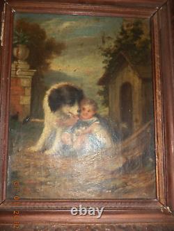 Pair of Antique 19th Century Paintings: Child with Dog and Child with Cat