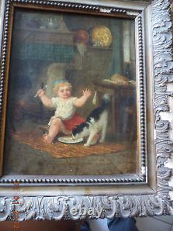 Pair of Antique 19th Century Paintings: Child with Dog and Child with Cat