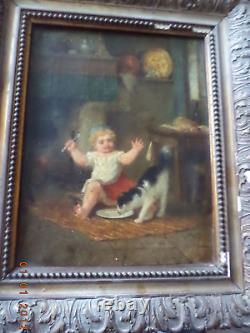 Pair of Antique 19th Century Paintings: Child with Dog and Child with Cat