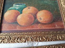 Pair of old still life oil paintings on panel signed Reboul