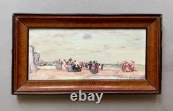 Pierre DAVAIN-LESAGE, lively beach scene, signed antique painting, oil on panel