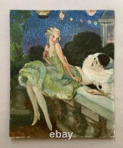 Pierrot and Columbine, oil on canvas board, antique painting, artwork
