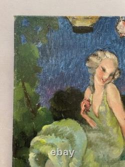 Pierrot and Columbine, oil on canvas board, antique painting, artwork