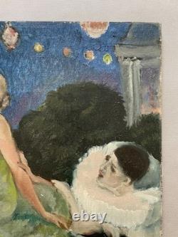 Pierrot and Columbine, oil on canvas board, antique painting, artwork
