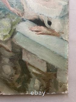 Pierrot and Columbine, oil on canvas board, antique painting, artwork