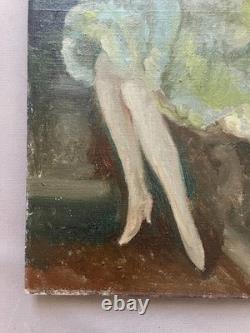 Pierrot and Columbine, oil on canvas board, antique painting, artwork