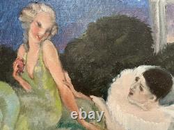 Pierrot and Columbine, oil on canvas board, antique painting, artwork