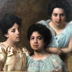 Portrait Of Three Sisters, Painting On Canvas, Xixth Century, Old Painting