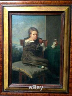 Portrait Young Girl With The Doll Child Toy XIX Oil On Canvas Old Noble