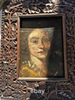 Portrait of a Young Woman Oil on Panel 18th Century Old Sculpted Frame