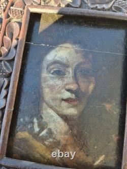 Portrait of a Young Woman Oil on Panel 18th Century Old Sculpted Frame