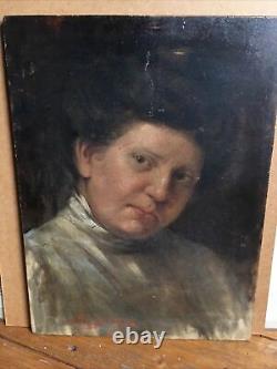 Portrait of a woman Oil on old panel, Signed