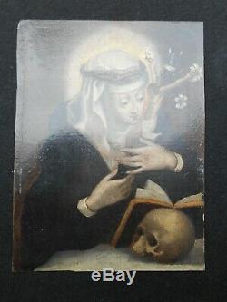 Rare Old Table Painting On Copper Hsc Mary Magdalene Penitent XVIII