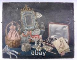 Rare Still Life With Jewelry Old Painting Oil On Canvas 19th Unsigned