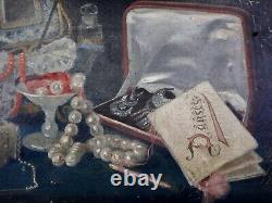 Rare Still Life With Jewelry Old Painting Oil On Canvas 19th Unsigned