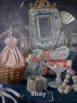 Rare Still Life With Jewelry Old Painting Oil On Canvas 19th Unsigned