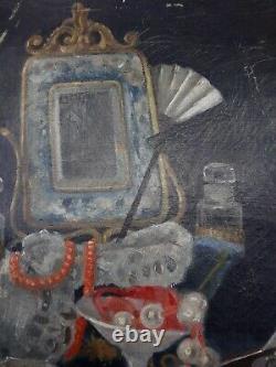 Rare Still Life With Jewelry Old Painting Oil On Canvas 19th Unsigned