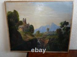 Rare antique 18th century oil painting of mountain landscape