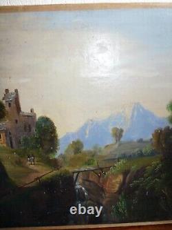 Rare antique 18th century oil painting of mountain landscape