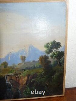 Rare antique 18th century oil painting of mountain landscape