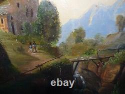 Rare antique 18th century oil painting of mountain landscape