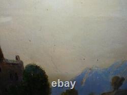 Rare antique 18th century oil painting of mountain landscape