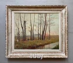 Riverbanks, oil on panel, signed antique painting