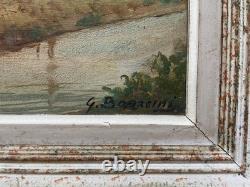 Riverbanks, oil on panel, signed antique painting
