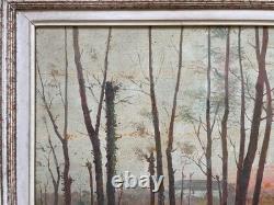 Riverbanks, oil on panel, signed antique painting