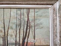 Riverbanks, oil on panel, signed antique painting