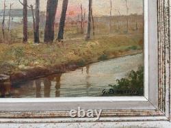 Riverbanks, oil on panel, signed antique painting