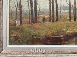 Riverbanks, oil on panel, signed antique painting
